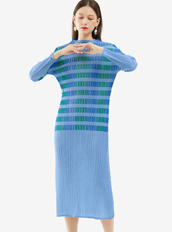 Long Sleeve Striped Pleated Sheath Midi Dress