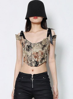 Crew Neck Animal Embroidered Cropped Camisole