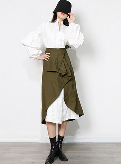 Lantern Sleeve Long Shirt Dress & Asymmetric Skirt