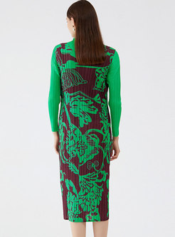 Long Sleeve Pleated Tee & Print Sleeveless Midi Dress