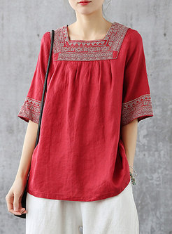 Square Neck Embroidered Pullover Linen Tee