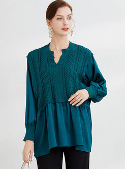 Plus Size Knit Patchwork Pullover Blouse