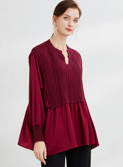 Plus Size Knit Patchwork Pullover Blouse