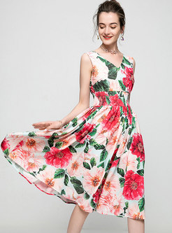 V-neck Sleeveless Print Big Hem Midi Dress