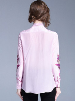 Pink Long Sleeve Bowknot Ribbon Print Blouse