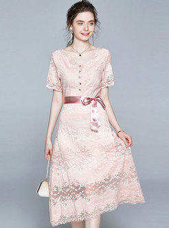 V-neck Lace Patchwork A Line Midi Dress