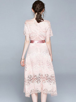 V-neck Lace Patchwork A Line Midi Dress