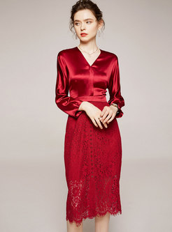 Long Sleeve Lace Patchwork Midi Cocktail Dress