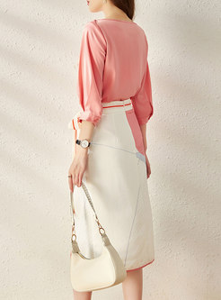 Half Sleeve Color-blocked Sheath Sweet Skirt Suits
