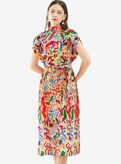 Casual Print A Line Midi Pleated Dress