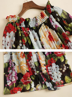 Off-the-shoulder Print Big Hem Boho Long Dress