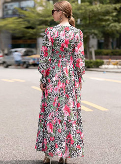 Long Sleeve Leopard Print Silk Boho Maxi Dress