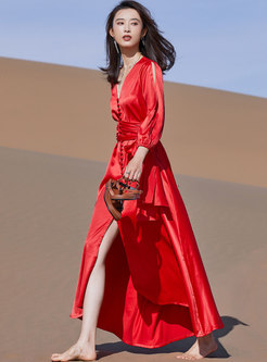 Red Satin Lantern Sleeve Asymmetric Beach Maxi Dress