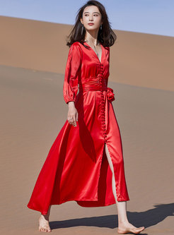 Red Satin Lantern Sleeve Asymmetric Beach Maxi Dress