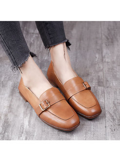 Retro Square Toe Metal Buckle Soft Sole Loafers
