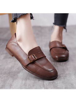 Retro Square Toe Metal Buckle Soft Sole Loafers
