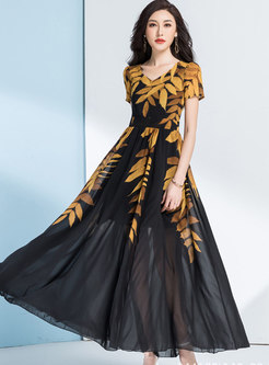 V-neck Short Sleeve Print Boho Chiffon Maxi Dress