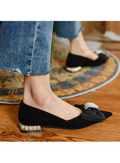 Pointed Toe Bowknot Pearl Embellished Low Heel Shoes