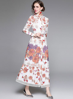 Mock Neck Long Sleeve Floral Belted Maxi Dress
