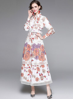 Mock Neck Long Sleeve Floral Belted Maxi Dress