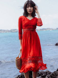 Red V-neck Lace Openwork Chiffon Midi Dress
