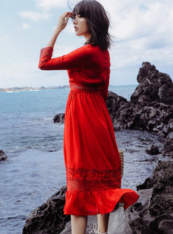 Red V-neck Lace Openwork Chiffon Midi Dress