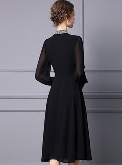 Long Sleeve Embroidered High Waisted Black Skater Dress