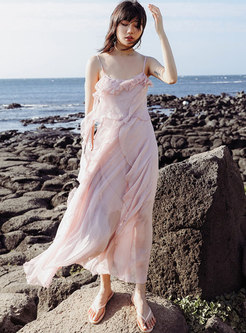 Sexy Pink Ruffle Long Chiffon Beach Slip Dress