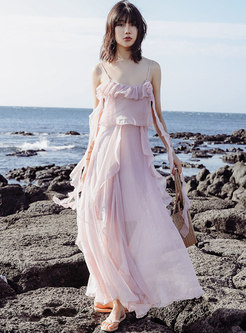 Sexy Pink Ruffle Long Chiffon Beach Slip Dress