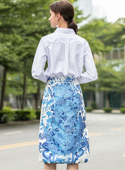 Long Sleeve Stripe Print Shirt & A Line Skirt
