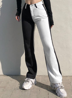 Color-blocked High Waisted Straight Jeans