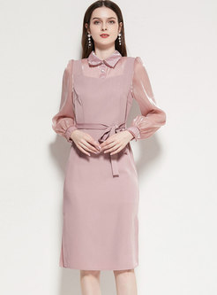 Pink Long Sleeve Patchwork A Line Dress