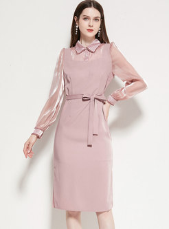 Pink Long Sleeve Patchwork A Line Dress