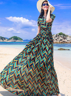 V-neck Geometric Print Big Hem Boho Maxi Dress