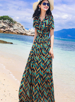V-neck Geometric Print Big Hem Boho Maxi Dress