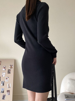 Black Brief Long Sleeve Sheath Mini Knitted Dress