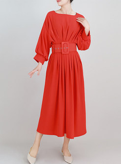 Lantern Sleeve Belted Ruched A Line Cocktail Dress