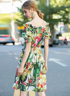 Off-the-shoulder Print Lettuce-edge A Line Dress