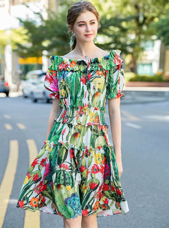 Off-the-shoulder Print Lettuce-edge A Line Dress