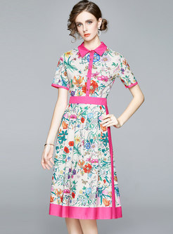 Turn-down Collar Short Sleeve Floral Shirt Dress