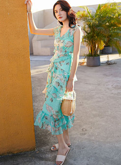 Boho Sleeveless Print Ruffle Beach Maxi Dress