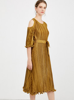 Cold Shoulder A Line Pleated Midi Dress