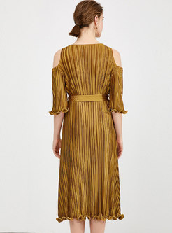 Cold Shoulder A Line Pleated Midi Dress