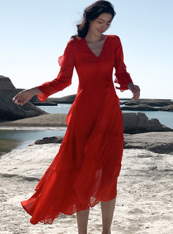 Red Long Sleeve High Waisted Big Hem Maxi Dress