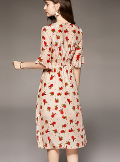 V-neck Half Sleeve Print Beaded Silk Midi Dress