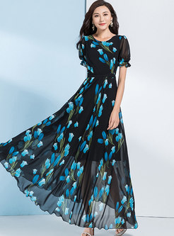 Print High Waisted Chiffon Boho Maxi Dress