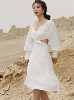 V-neck Lantern Sleeve Backless White A Line Dress