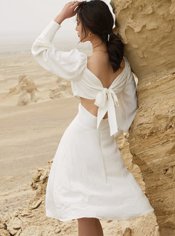 V-neck Lantern Sleeve Backless White A Line Dress