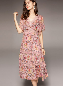 V-neck Short Sleeve Ruffle Print Silk Midi Dress