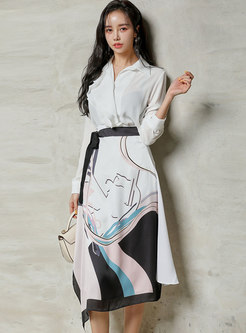 Long Sleeve Ruffle Blouse & Print Midi Skirt